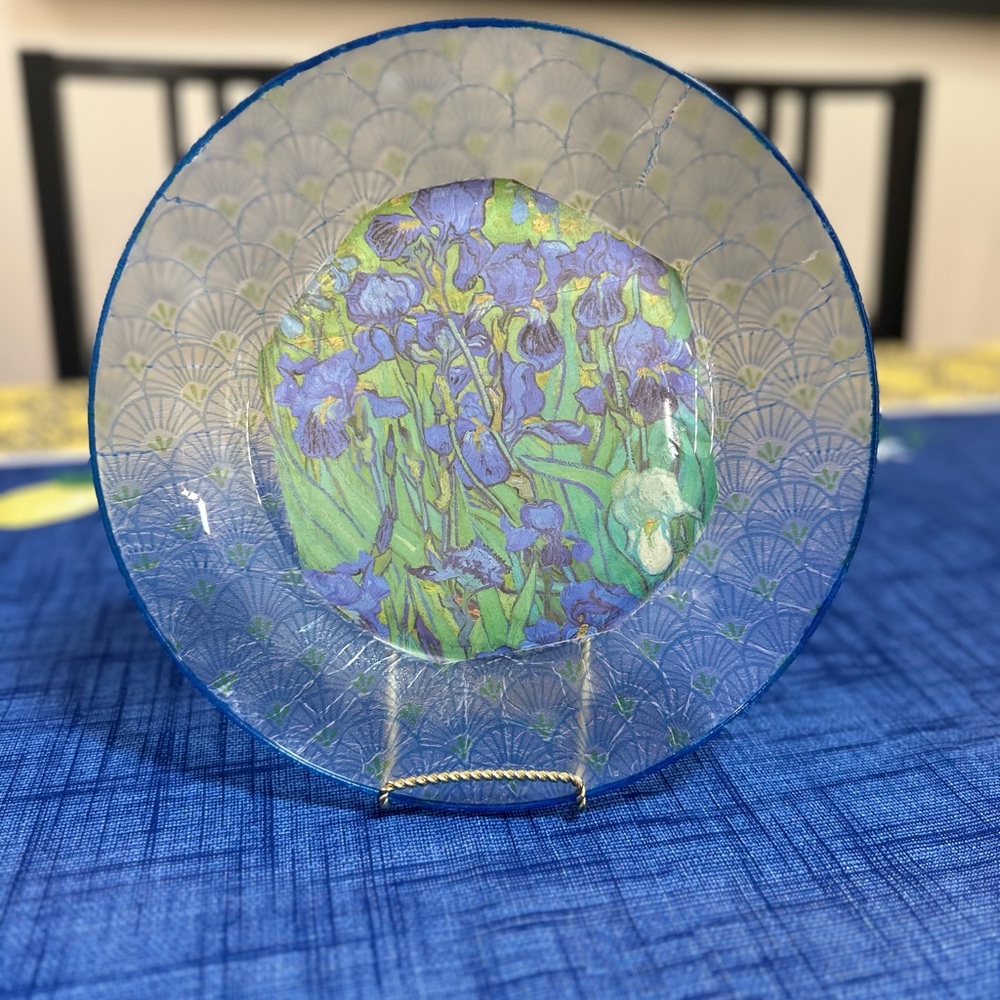 Floral decoupage Glass Plate with Blue and Green Design. Hand made.